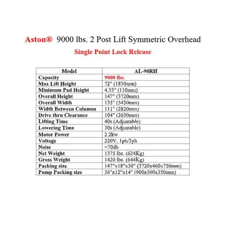 Aston® 9000 lbs. 2 Post Lift Symmetric Overhead - Image 2